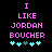 Pixelated text reads "I LIKE JORDAN BOUCHER" in pink on black background with cyan and teal plus signs below.