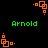 Green text 'Arnold' appears below orange pixelated square animations on a black background, with multiple identical animation frames visible.