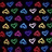 A grid of pixelated triangular and heart-shaped icons in various colors including red, blue, purple, green, yellow, and white on a black background.