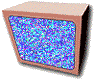 twelve television-shaped frames with a peach-colored border, each displaying different pixelated scenes including people, signs, and static noise
