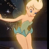 Animated sequence of a cartoon fairy with blonde hair in a bun, wearing a green strapless dress and translucent wings, performing various poses against dark backgrounds.