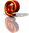 Red and gold @ symbol with yellow outline rotates clockwise on gray background, showing three distinct angles with reflection below.
