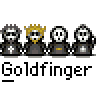 Animated contact sheet of 8 frames showing a pixel art buddy icon with skull and character motifs, alternating between group scenes and close-ups of a yellow skull wearing 'GOLDFINGER' text.