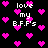 Black background with scattered pink pixelated hearts and repeated white text reading 'love my B.F.P.s' in a retro digital style.