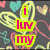 six distinct buddy icons with text and decorative elements, featuring neon colors and pixelated styles
