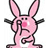 Pixelated pink rabbit with black limbs and red nose covers one eye while holding a white curved object, next to four lines of pixelated text.