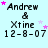 Pixelated text 'Andrew & Xtine 12-8-07' on light blue background with pink and purple star animations.