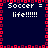 Pixelated graphic with dark blue background, red border of square pixels, and repeated white text "Soccer = life!!!!!!" in four quadrants.