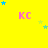 Yellow background with pink "KC" text and scattered blue/green stars; gray rectangle in bottom-right corner.