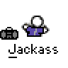 Animated contact sheet of a pixel art character in various poses with luggage, text bubbles, and color variations on gray background.