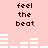 Pixelated text 'feel the beat' repeated across a light pink background with white audio equalizer bars.