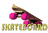 Pixelated animated skateboard icon with pink wheels and brown deck, displayed across multiple frames showing motion sequence on white background.