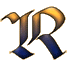 A stylized letter R with gradient coloring transitioning from gold to dark blue, featuring decorative flourishes and a pixelated appearance on a gray background.