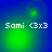 Green glowing circular shapes animate on a blue background with 'Sami < ' text in white pixelated font