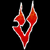 Red and white pixelated icon with two upward-pointing shapes connected by a central curved form on black background.