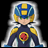 Pixelated anime-style character icon with blue and yellow helmet, dark blue outfit, red circular chest emblem, and white cape-like outline on black background next to stylized text "Anime IM" and signature.