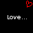 Red pixelated heart symbol above two identical pixelated 'Love...' text blocks on black background.