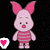 Pixelated pink pig character in striped shirt with changing heart icons around it on black background.