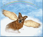Animated sequence of a brown dog with large beige wings standing on white clouds under a blue sky with a rainbow.
