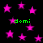 Black background with scattered pink stars and green text reading 'domi' in multiple locations.