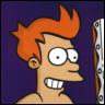 Cartoon character with orange spiky hair, large white eyes, and a wide toothy grin against a solid purple background.