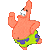 A pink starfish in green and purple shorts appears in nine sequential poses showing arm positions, head angles, and body rotations against a gray background.