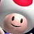 Pixelated character with white mushroom cap and red dot, smiling face with dark oval eyes and curved mouth, light gray background.