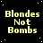 Yellow pixelated text "Blondes Not Bombs" repeated across a black starry background with a gray rectangle in the bottom-right corner.