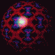 A spherical animated icon with shifting red and blue patterns and a central glowing light, transitioning through multiple states.