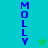 Vertical blue text 'MOLLY' on cyan and green background with two pixelated stars, one green above a light blue star.