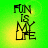 Green background with yellow gradient center displaying 'FUN IS MY LIFE' text in black block letters, four identical arranged in a