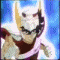 Animated sequence of a character with golden horns, white hair, and dark red armor against blue background.