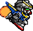Pixelated mecha with gray armor, blue and yellow accents, green eyes, red mouth, orange exhaust flame on left side, red lower body section.