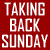 Red banner with 'TAKING BACK SUNDAY' repeated three times above grayscale sections showing 'LOUDER NOW' text and circular head icons.