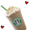A Starbucks Frappuccino drink with whipped cream, caramel drizzle, and a green straw, accompanied by two red pixelated heart icons.