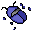 Pixelated blue and gray object with black outline, surrounded by scattered dark blue squares on light gray background.