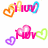 Animated buddy icon with pink text and heart symbols in orange, blue, purple, and green, showing text and heart variations across frames.