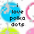 Pixelated icon with blue circular background, black text reading 'i love polka dots', and pink and yellow pixelated shapes on white background.