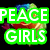 Green rectangular banner with white text 'PEACE GIRLS' overlaid on a pixelated background of colorful shapes and figures.