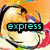 A four- shows a cartoon character's face with changing text overlays: 'express', 'your self', three blue chevrons, and no text