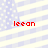Pixelated red text 'leean' appears on a light blue and white striped background with a faint pattern