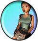Pixelated circular icon featuring a female character in a sleeveless top and shorts, holding an object with a glowing element against a light blue gradient background.