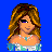 Pixelated image of a woman with long brown hair and blue eyes, wearing an off-shoulder dress and necklace, against a solid blue background.