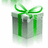 A pixelated gift box with green ribbon on white background, next to green with text about friends being gifts