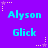 Static image with purple background displaying repeated text 'Alyson' and 'Glick' in cyan pixelated font, surrounded by small star-shaped decorations.