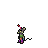 Pixelated character with gray head, green torso, purple legs, and red antenna-like protrusion, standing against white background.