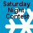 Blue background with white snowflake icons and black text reading "Saturday Night Contest" in four quadrants.