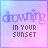 Pixelated text 'drowning' with plus sign above, 'IN YOUR SUNSET' below on gradient background.