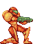 Pixel art animation of a character in orange armor firing a green weapon, showing from charging to projectile release
