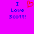 A static pixel art image with a bright purple background displaying blue text and an orange heart symbol.